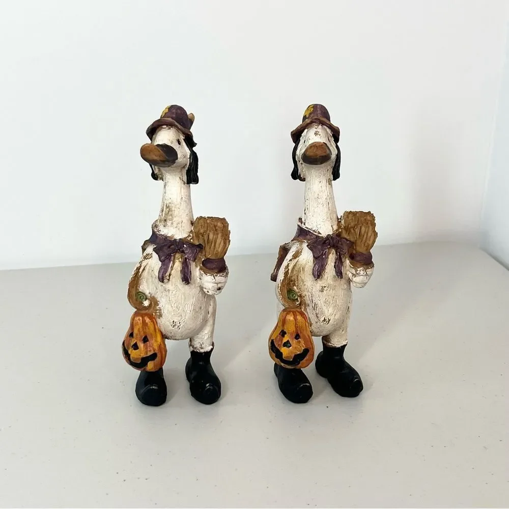 VTG Tii Collection Halloween Duck Witch Pumpkin Broom Resin Figurine Set Of Two